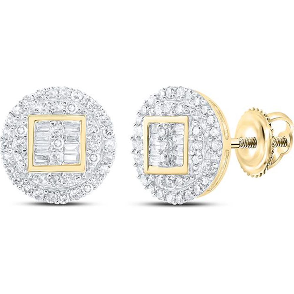 10K Yellow Gold Round and Baguette Diamond Cluster Earrings - 1/2 Carat Total Diamond Weight