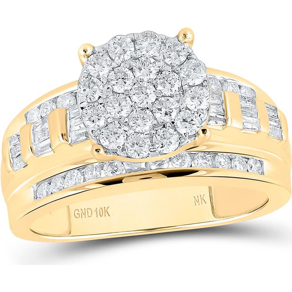 10K Yellow Gold Round and Baguette Diamond Cluster Engagement Ring - 1.00 Carat Total Diamond Weight
