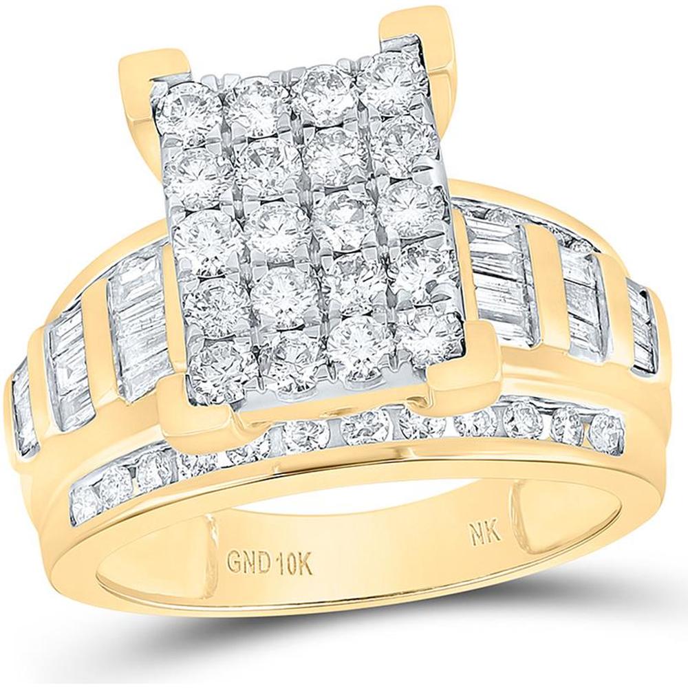 10K Yellow Gold Round and Baguette Diamond Cluster Engagement Ring - 1.5 Carat Total Diamond Weight