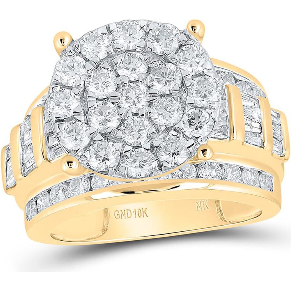 10K Yellow Gold Round and Baguette Diamond Cluster Engagement Ring - 3.08 Carat Total Diamond Weight
