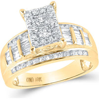 10K Yellow Gold Round and Baguette Diamond Cluster Engagement Ring - 7/8 Carat Total Diamond Weight