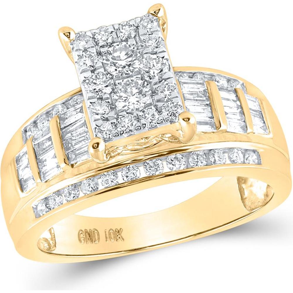 10K Yellow Gold Round and Baguette Diamond Cluster Engagement Ring - 7/8 Carat Total Diamond Weight