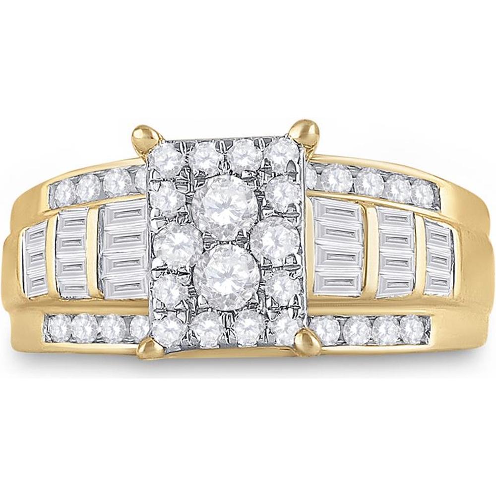 10K Yellow Gold Round and Baguette Diamond Cluster Engagement Ring - 7/8 Carat Total Diamond Weight
