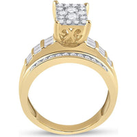 10K Yellow Gold Round and Baguette Diamond Cluster Engagement Ring - 7/8 Carat Total Diamond Weight