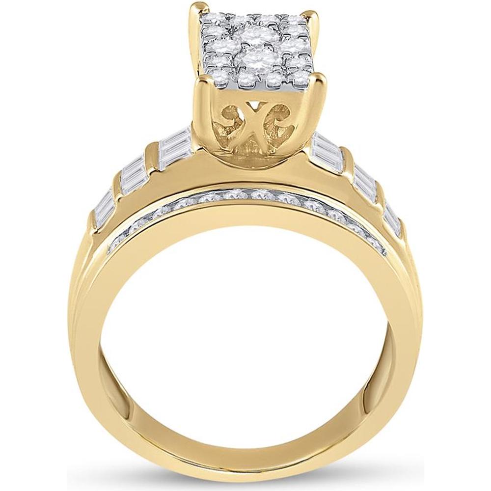 10K Yellow Gold Round and Baguette Diamond Cluster Engagement Ring - 7/8 Carat Total Diamond Weight
