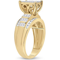 10K Yellow Gold Round and Baguette Diamond Cluster Engagement Ring - 7/8 Carat Total Diamond Weight