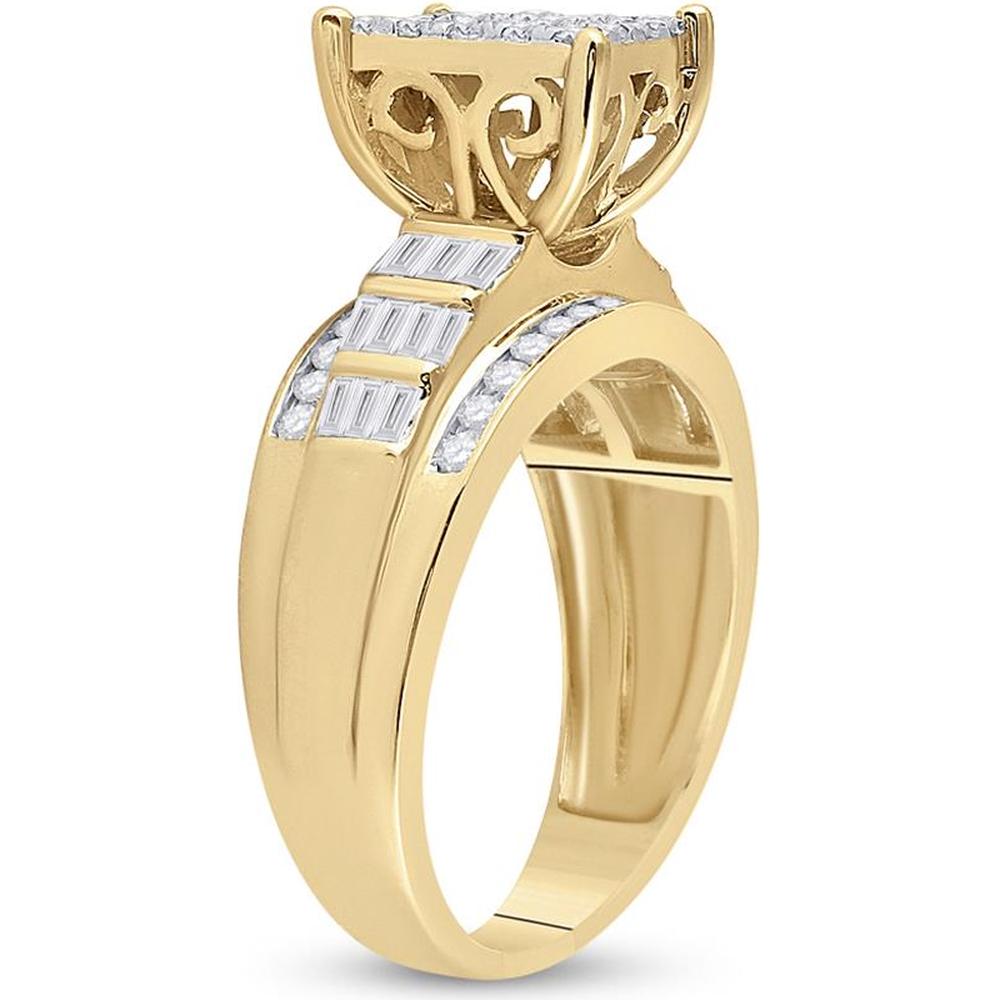 10K Yellow Gold Round and Baguette Diamond Cluster Engagement Ring - 7/8 Carat Total Diamond Weight