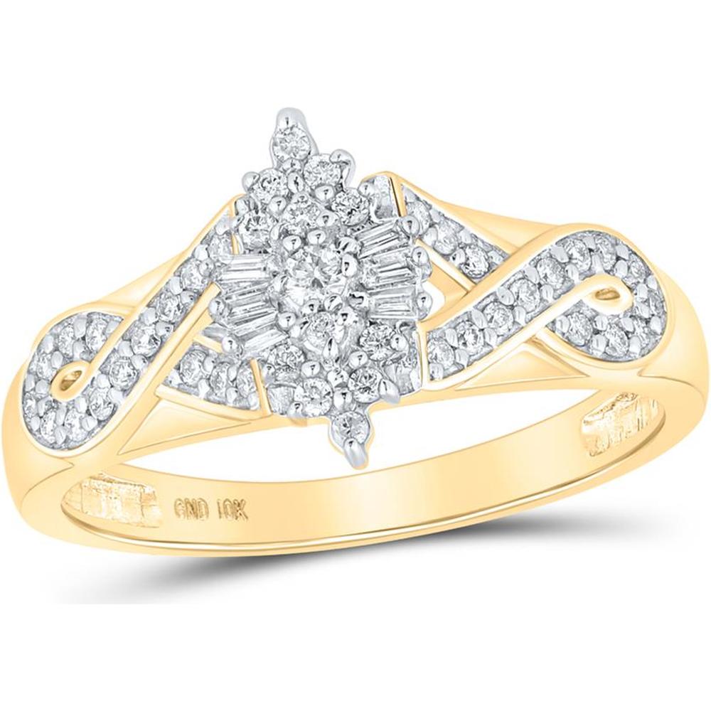 10K Yellow Gold Round and Baguette Diamond Cluster Ring - 0.25 Carat Total Diamond Weight