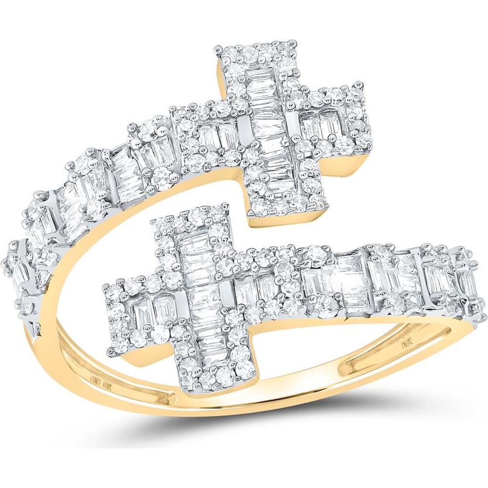 10K Yellow Gold Round and Baguette Diamond Cross Cuff Ring - 3/4 Carat Total Diamond Weight