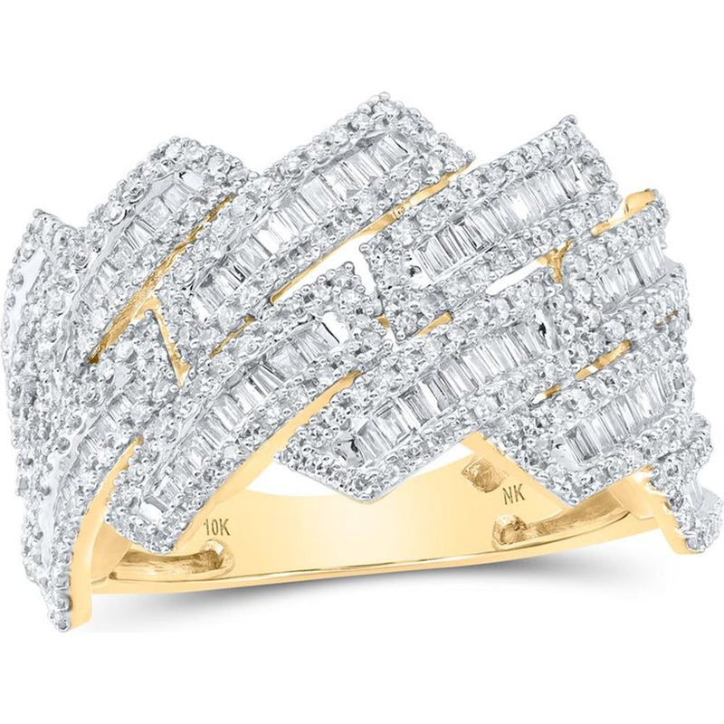10K Yellow Gold Round and Baguette Diamond Diagonal Band Ring - 1.62 Carat Total Diamond Weight
