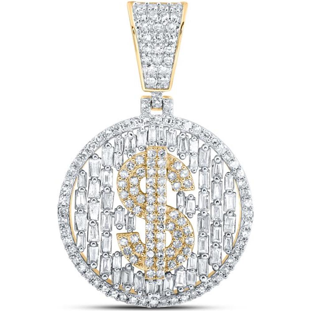 10K Yellow Gold Round and Baguette Diamond Dollar Sign Charm Pendant - 1.5 Carat Total Diamond Weight