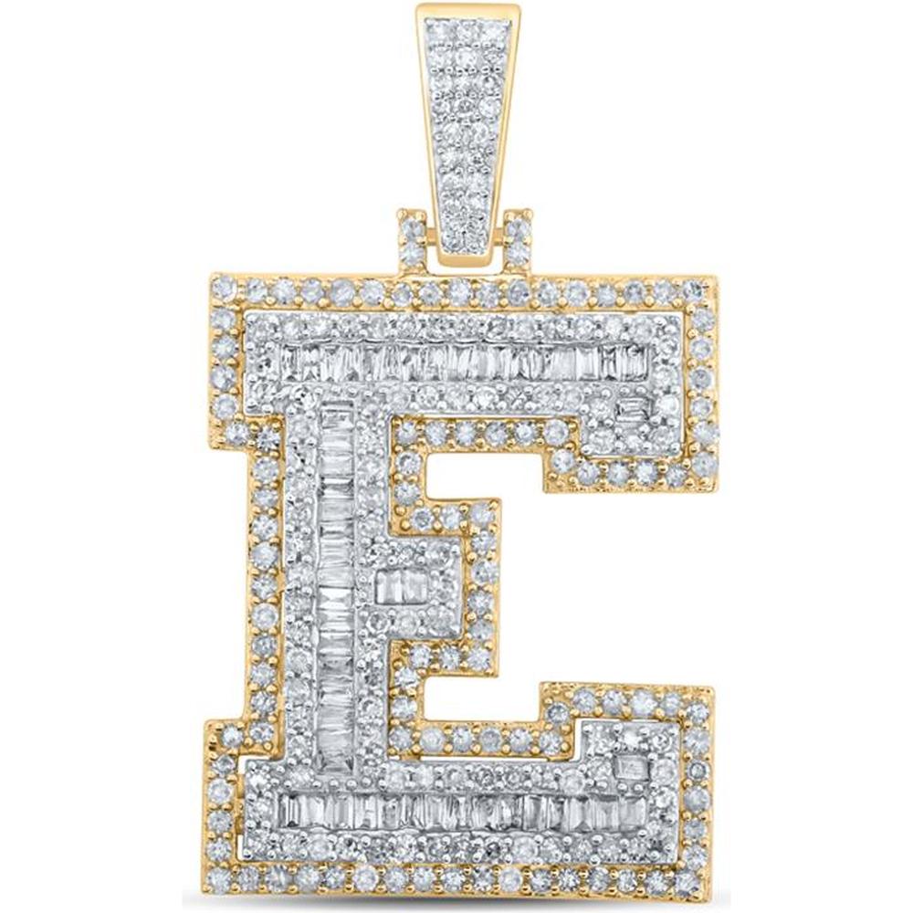 10K Yellow Gold Round and Baguette Diamond E Initial Letter Charm Pendant - 1.24 Carat Total Diamond Weight