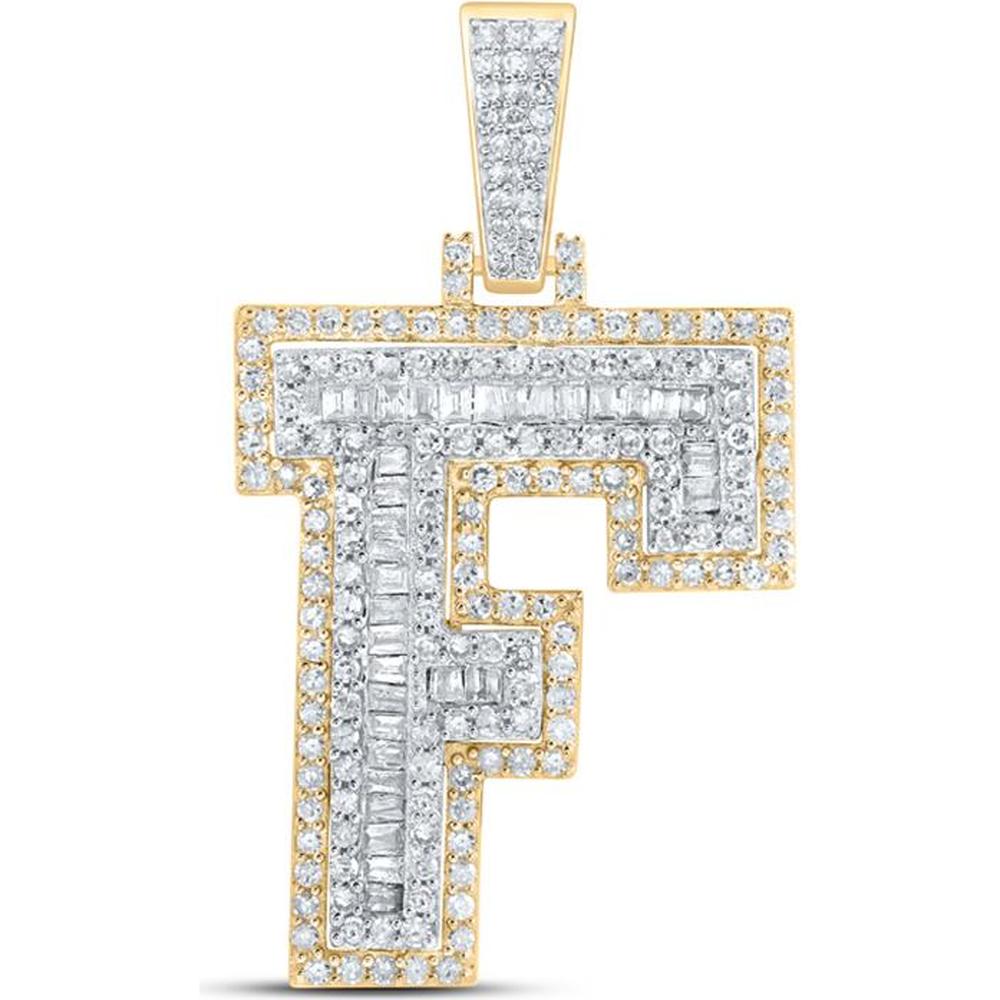 10K Yellow Gold Round and Baguette Diamond F Initial Letter Charm Pendant - 3/4 Carat Total Diamond Weight