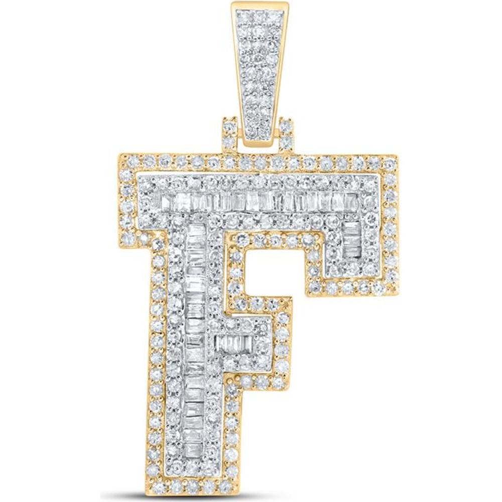 10K Yellow Gold Round and Baguette Diamond "F" Initial Letter Pendant - 1 Carat Total Diamond Weight