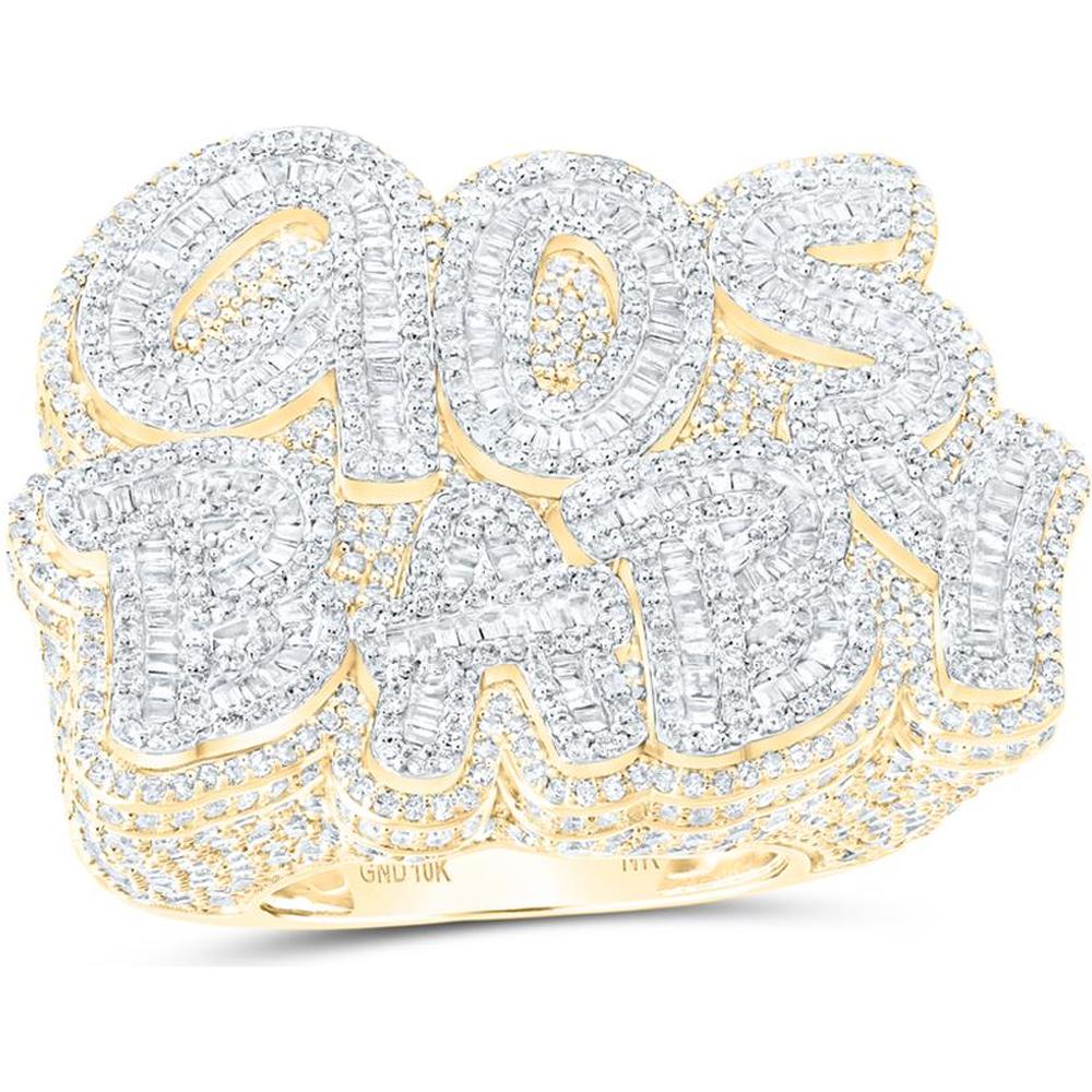10K Yellow Gold Round and Baguette Diamond "GOS BABY" Phrase Ring - 6.5 Carat Total Diamond Weight