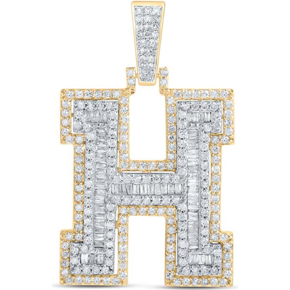 10K Yellow Gold Round and Baguette Diamond H Initial Pendant - 1.15 Carat Total Diamond Weight