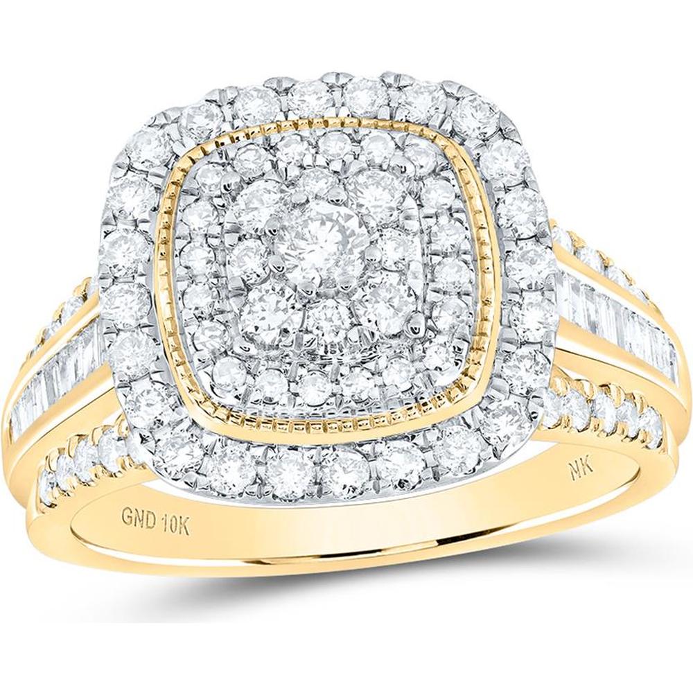 10K Yellow Gold Round and Baguette Diamond Halo Ring - 1 Carat Total Diamond Weight