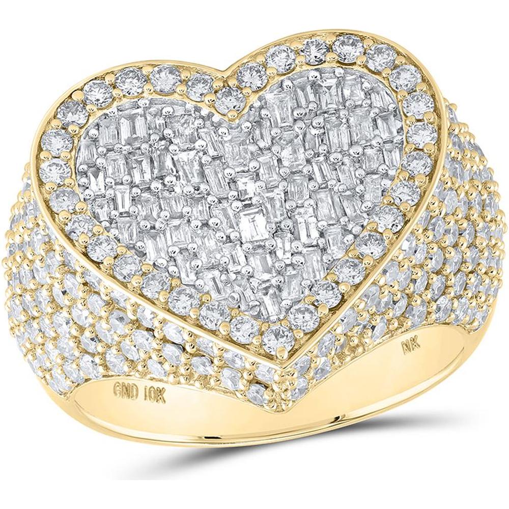 10K Yellow Gold Round and Baguette Diamond Heart Ring - 2.75 Carat Total Diamond Weight