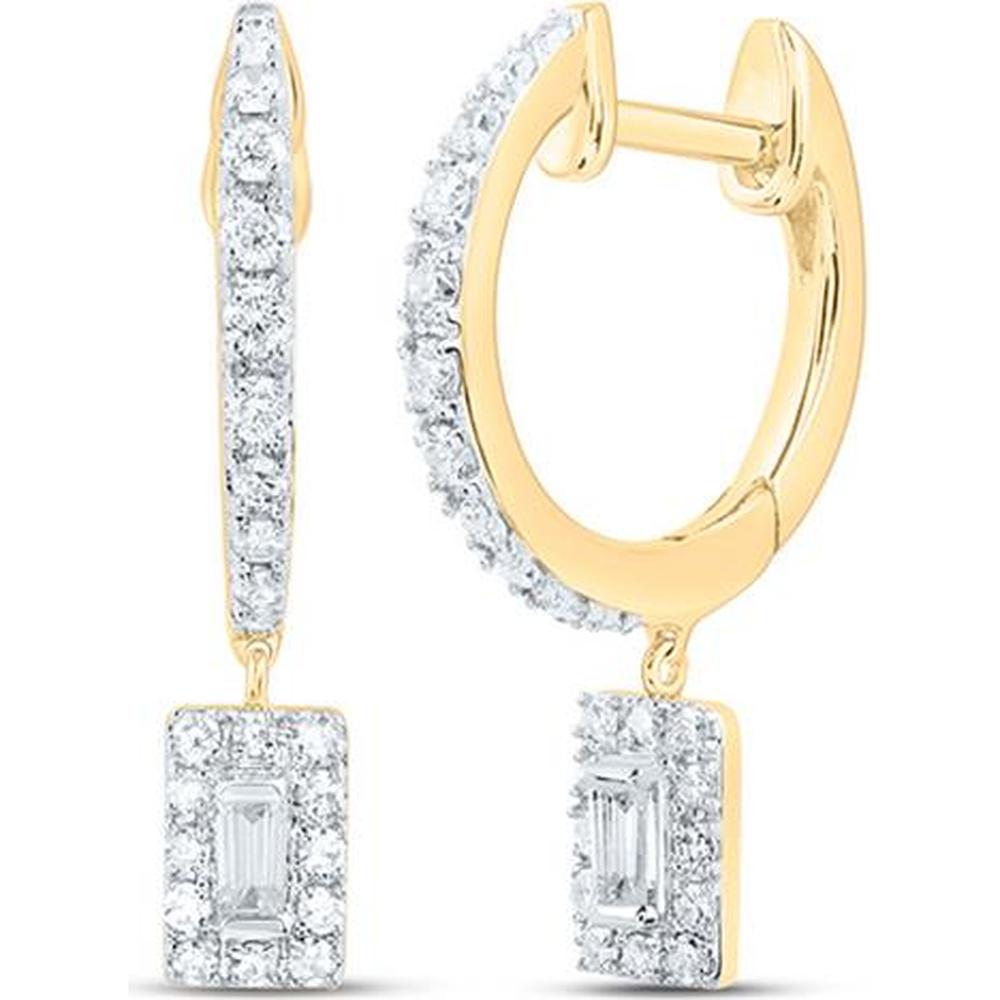 10K Yellow Gold Round and Baguette Diamond Hoop Dangle Earrings - 1/3 Carat Total Diamond Weight