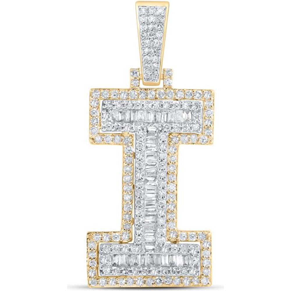 10K Yellow Gold Round and Baguette Diamond "I" Initial Charm Pendant - 7/8 Carat Total Diamond Weight