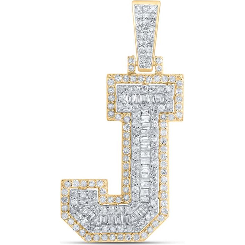 10K Yellow Gold Round and Baguette Diamond J Initial Charm Pendant - 5/8 Carat Total Diamond Weight