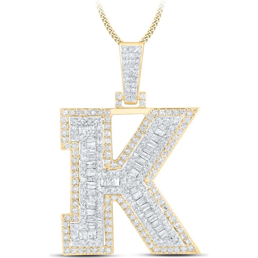 10K Yellow Gold Round and Baguette Diamond K Initial Pendant - 7/8 Carat Total Diamond Weight