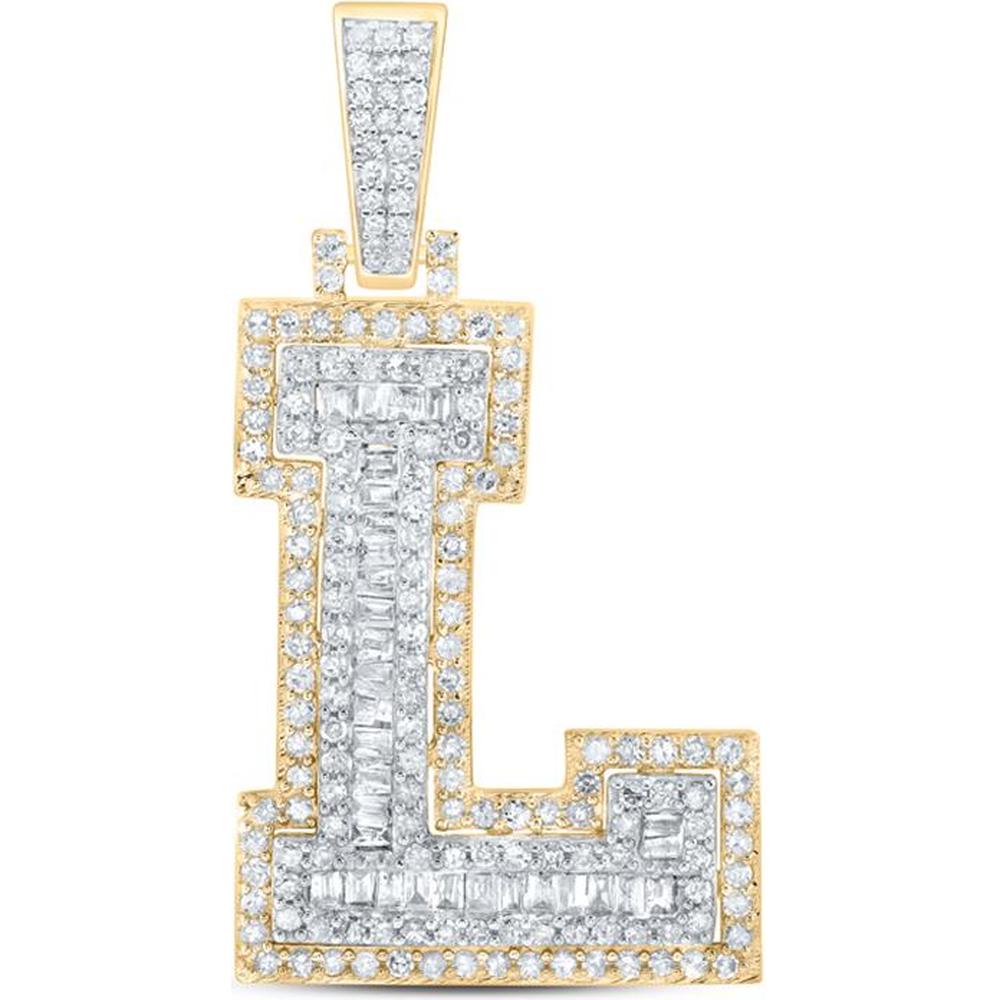 10K Yellow Gold Round and Baguette Diamond L Initial Letter Pendant - 5/8 Carat Total Diamond Weight