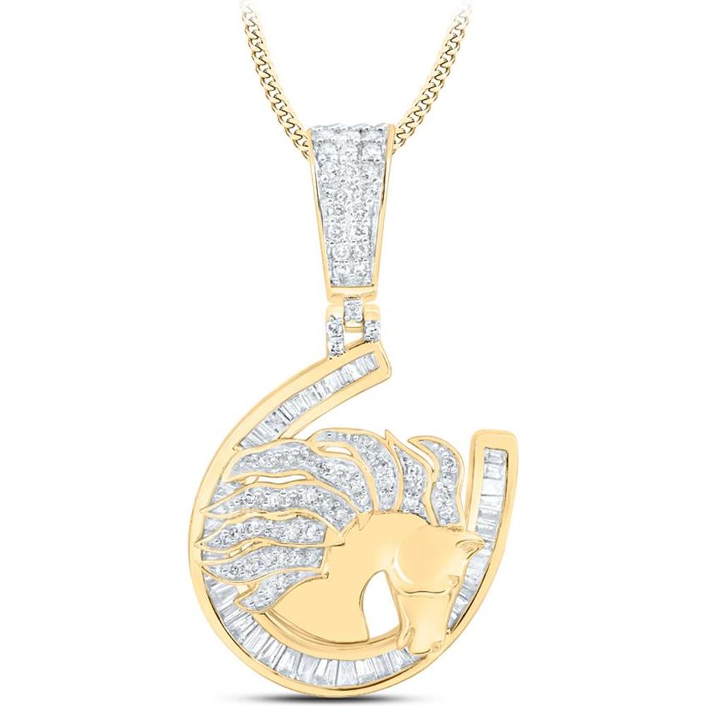 10K Yellow Gold Round and Baguette Diamond Lucky Horseshoe Charm Pendant - 1 Carat Total Diamond Weight