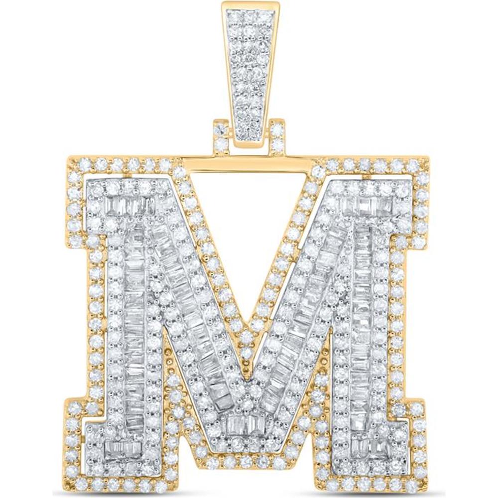 10K Yellow Gold Round and Baguette Diamond "M" Initial Charm Pendant - 1 Carat Total Diamond Weight