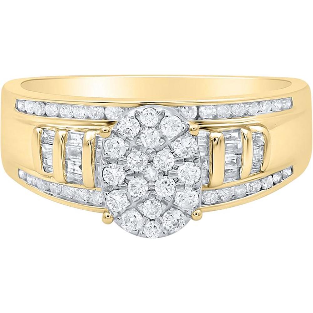 10K Yellow Gold Round and Baguette Diamond Oval Bridal Engagement Ring - 1/2 Carat Total Diamond Weight