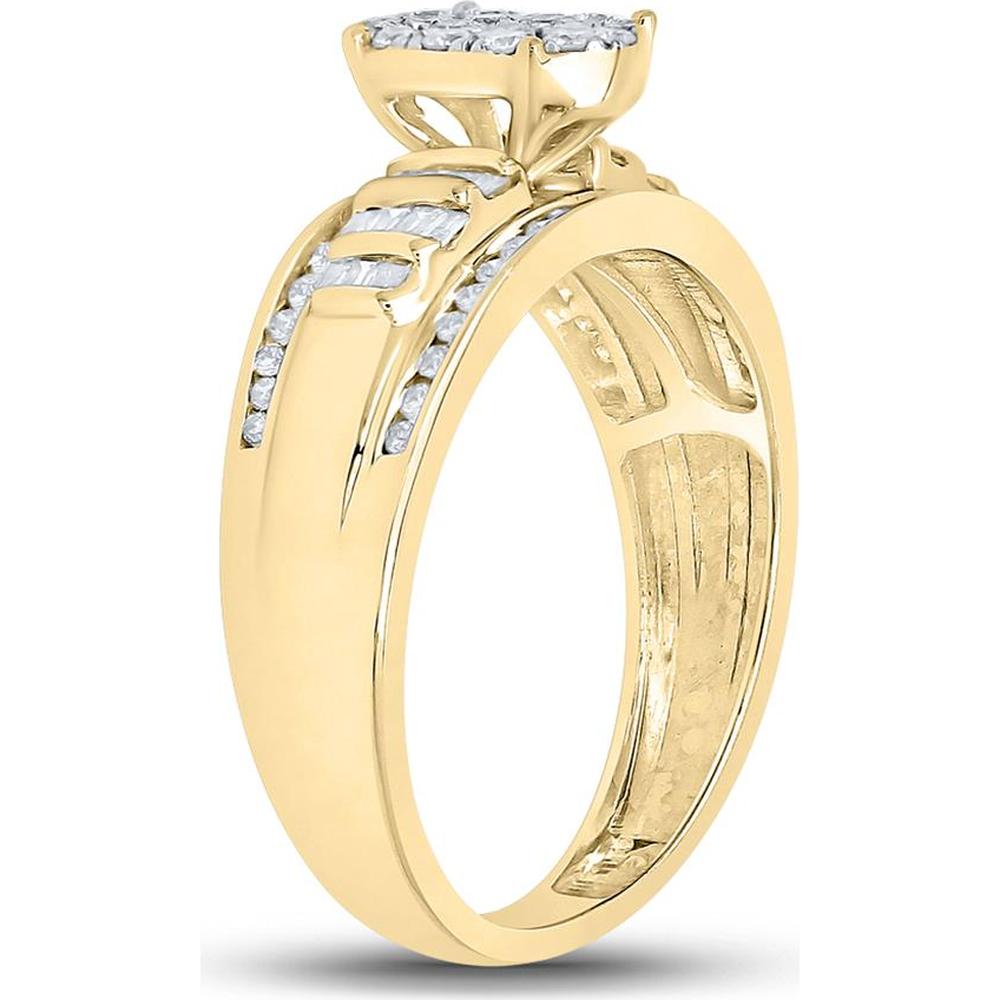 10K Yellow Gold Round and Baguette Diamond Oval Bridal Engagement Ring - 1/2 Carat Total Diamond Weight