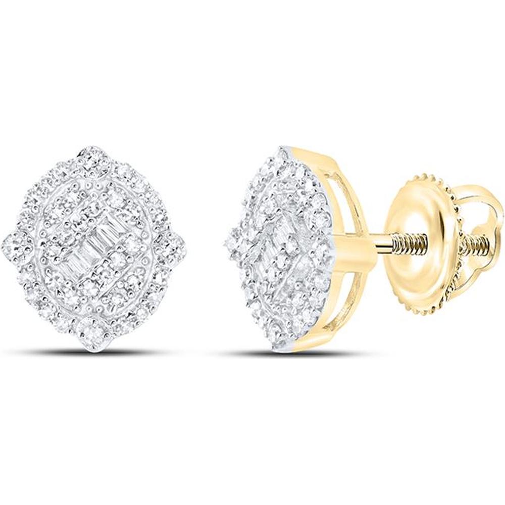 10K Yellow Gold Round and Baguette Diamond Oval Earrings - 3/8 Carat Total Diamond Weight