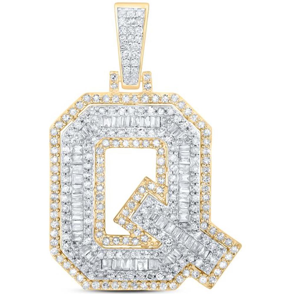 10K Yellow Gold Round and Baguette Diamond Q Initial Letter Pendant - 1 Carat Total Diamond Weight