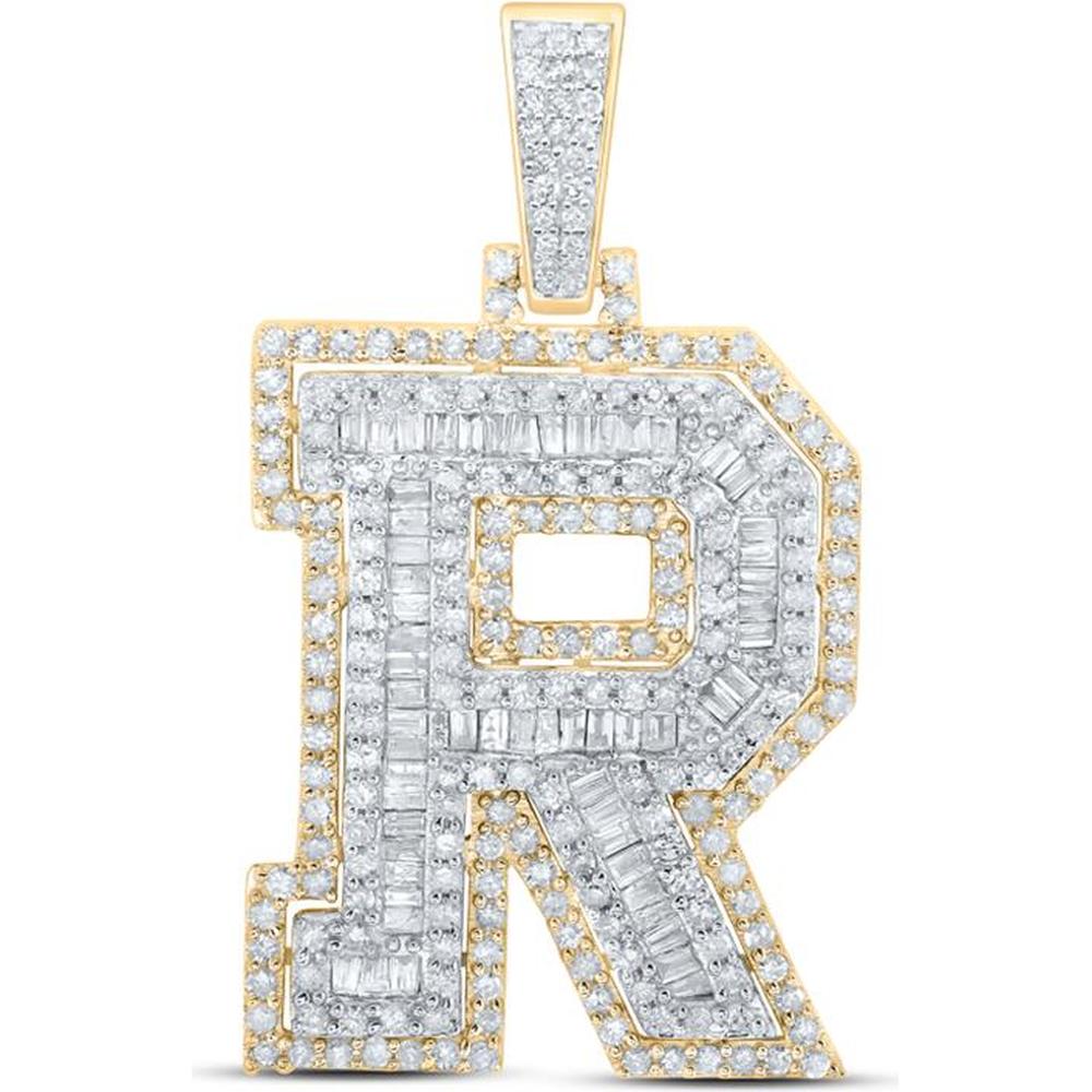 10K Yellow Gold Round and Baguette Diamond R Initial Letter Charm Pendant - 1.15 Carat Total Diamond Weight