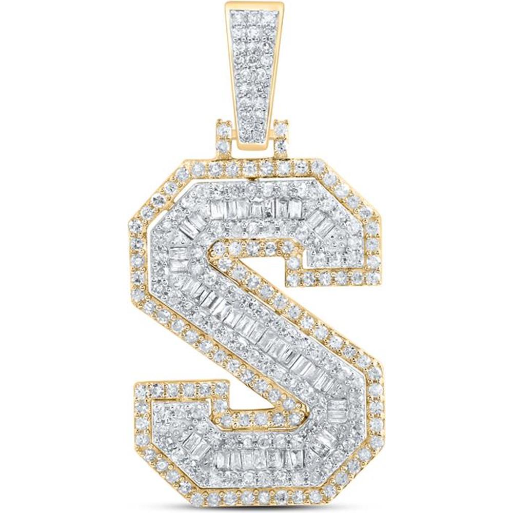 10K Yellow Gold Round and Baguette Diamond 'S' Initial Pendant - 1 Carat Total Diamond Weight