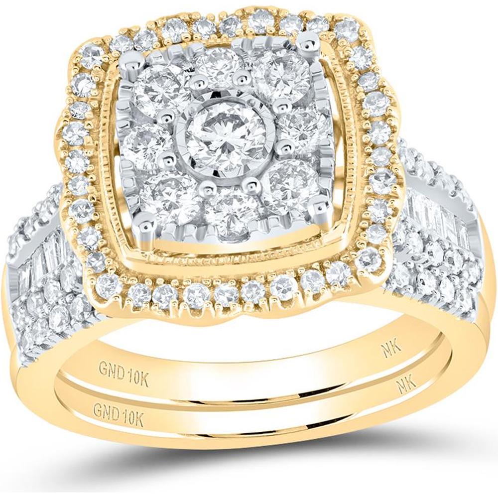 10K Yellow Gold Round and Baguette Diamond Square Bridal Wedding Ring Set - 1.5 Carat Total Diamond Weight