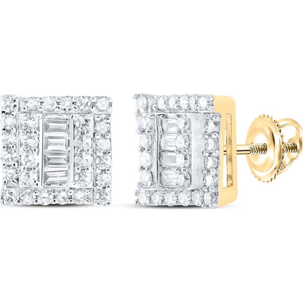 10K Yellow Gold Round and Baguette Diamond Square Earrings - 1/2 Carat Total Diamond Weight