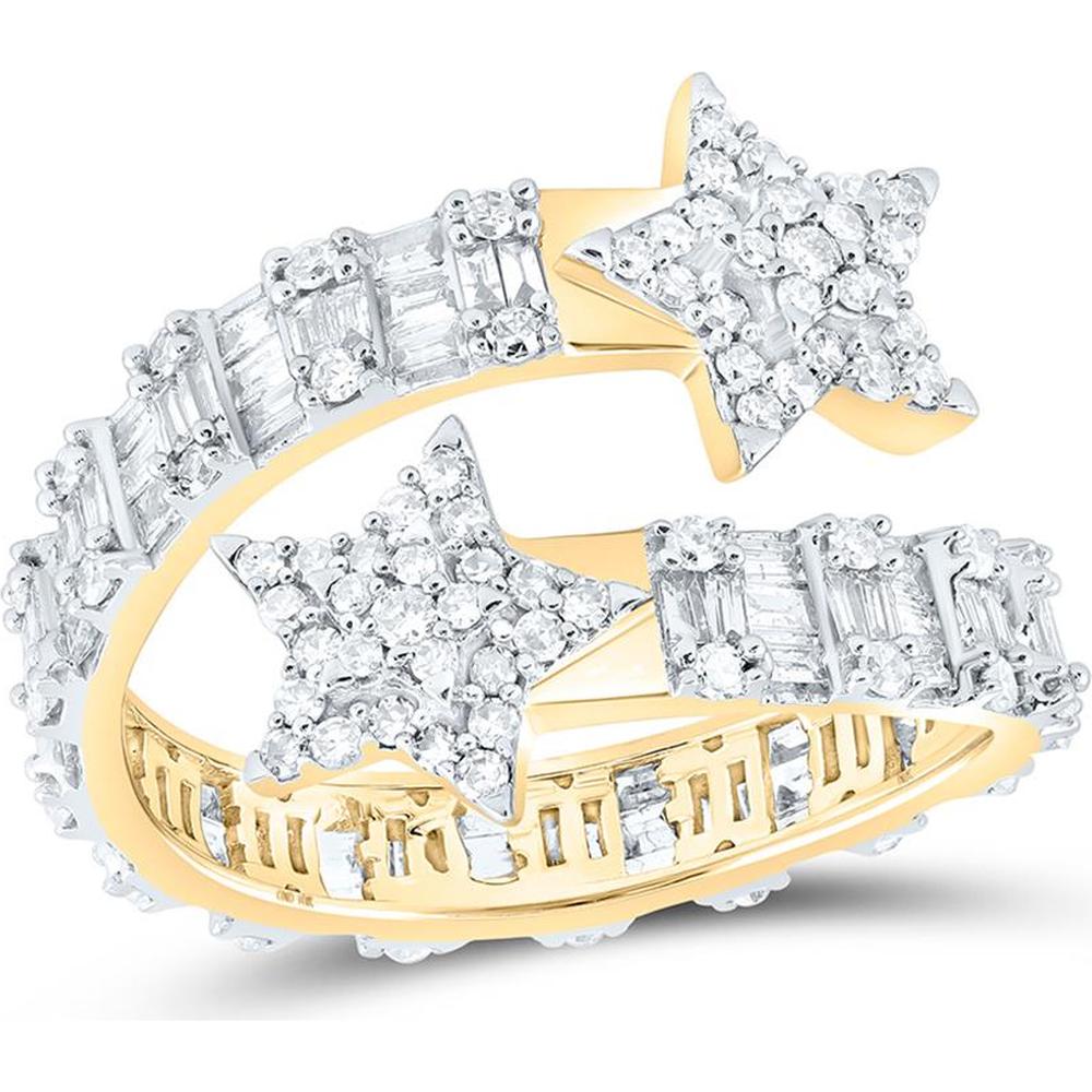 10K Yellow Gold Round and Baguette Diamond Star Cuff Band Ring - 1 Carat Total Diamond Weight