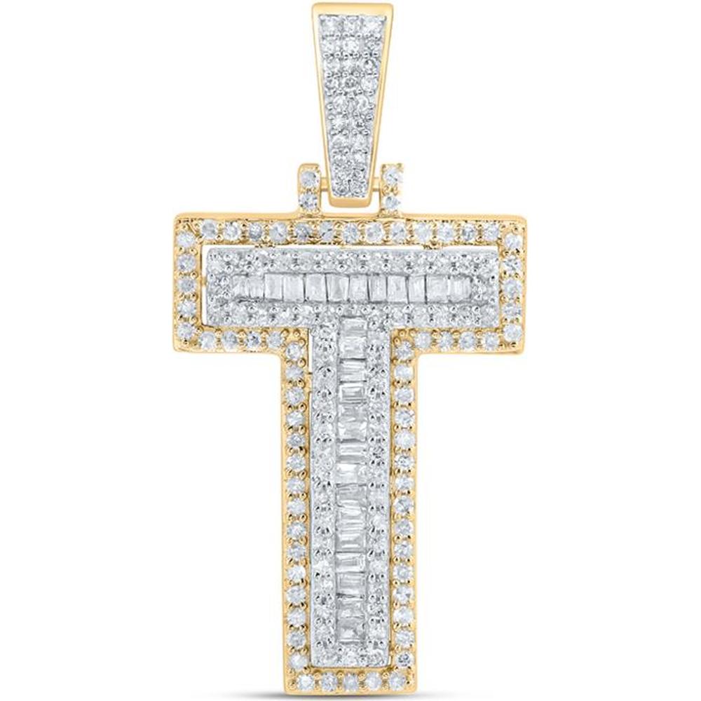 10K Yellow Gold Round and Baguette Diamond T Initial Charm Pendant - 5/8 Carat Total Diamond Weight