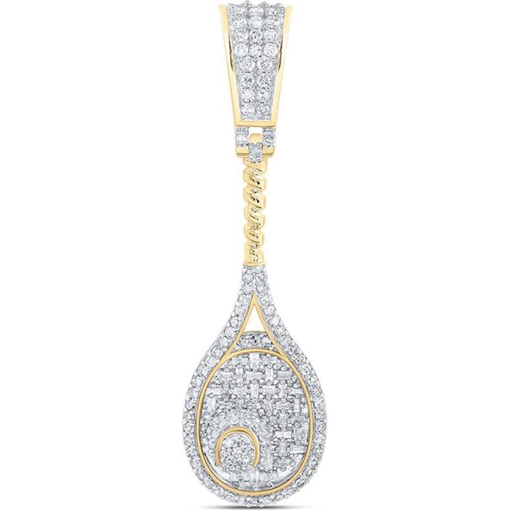 10K Yellow Gold Round and Baguette Diamond Tennis Racket Charm Pendant - 1 Carat Total Diamond Weight