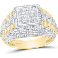 10K Yellow Gold Round and Princess Cut Diamond Square Cluster Ring - 1.33 Carat Total Diamond Weight