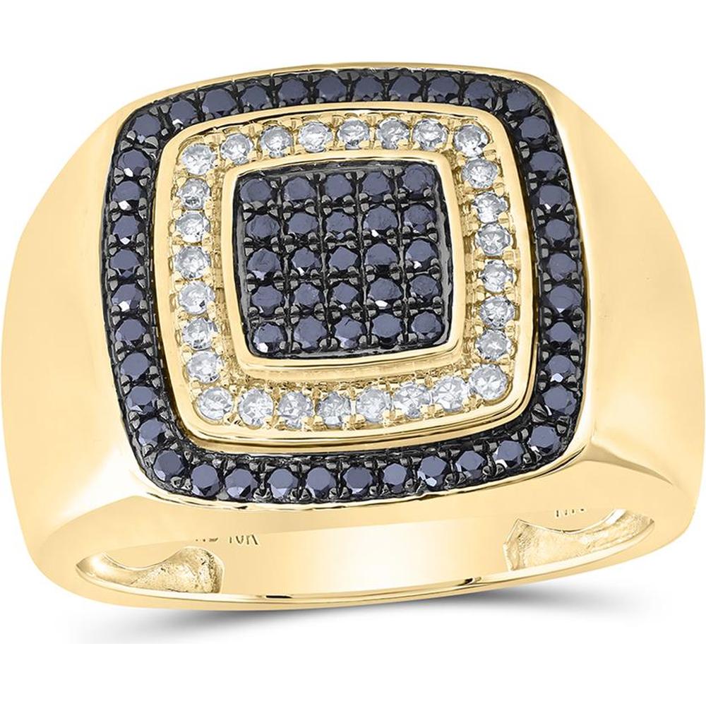 10K Yellow Gold Round Black Diamond Square Ring with Diamond Halo - 3/4 Carat Total Diamond Weight