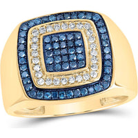 10K Yellow Gold Round Blue Diamond Square Ring with Prong-set Blue and White Diamonds - 0.75 Carat Total Diamond Weight