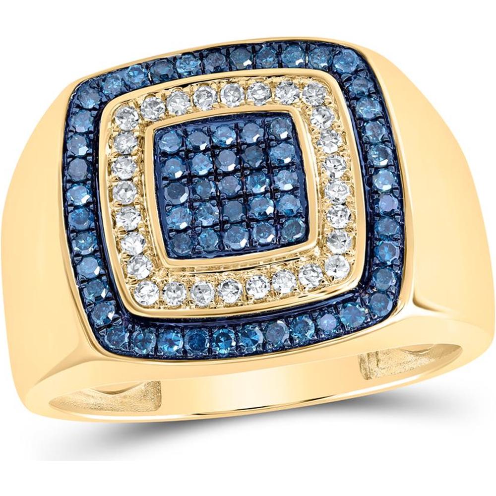 10K Yellow Gold Round Blue Diamond Square Ring with Prong-set Blue and White Diamonds - 0.75 Carat Total Diamond Weight