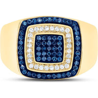 10K Yellow Gold Round Blue Diamond Square Ring with Prong-set Blue and White Diamonds - 0.75 Carat Total Diamond Weight