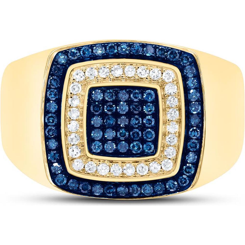 10K Yellow Gold Round Blue Diamond Square Ring with Prong-set Blue and White Diamonds - 0.75 Carat Total Diamond Weight