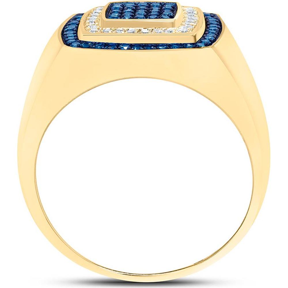 10K Yellow Gold Round Blue Diamond Square Ring with Prong-set Blue and White Diamonds - 0.75 Carat Total Diamond Weight