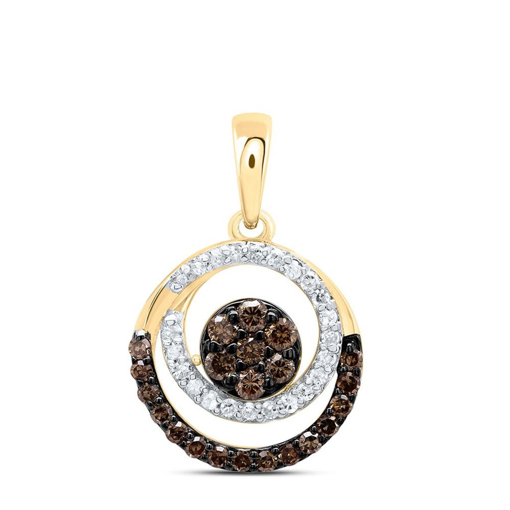 10K Yellow Gold Round Brown and White Diamond Pendant - 1/3 Carat Total Diamond Weight
