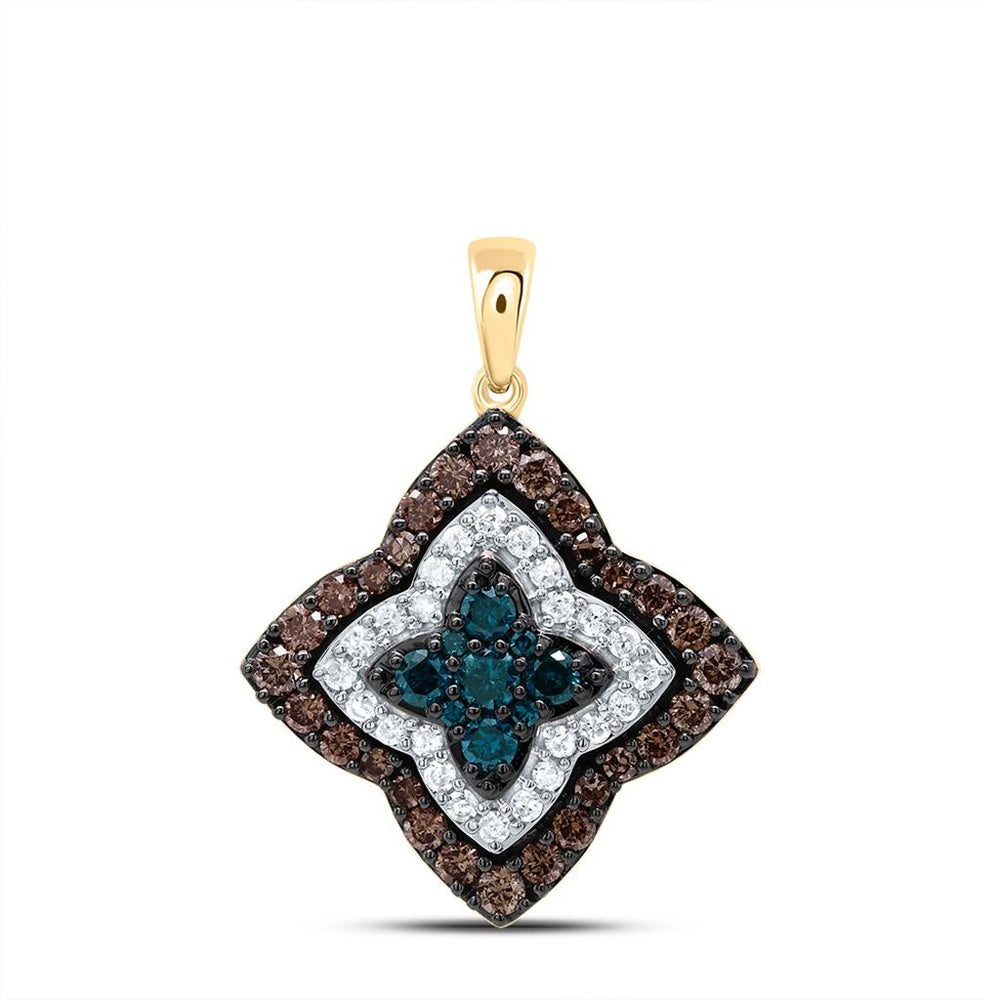 10K Yellow Gold Round Brown and White Diamond Pendant - 3/4 Carat Total Diamond Weight