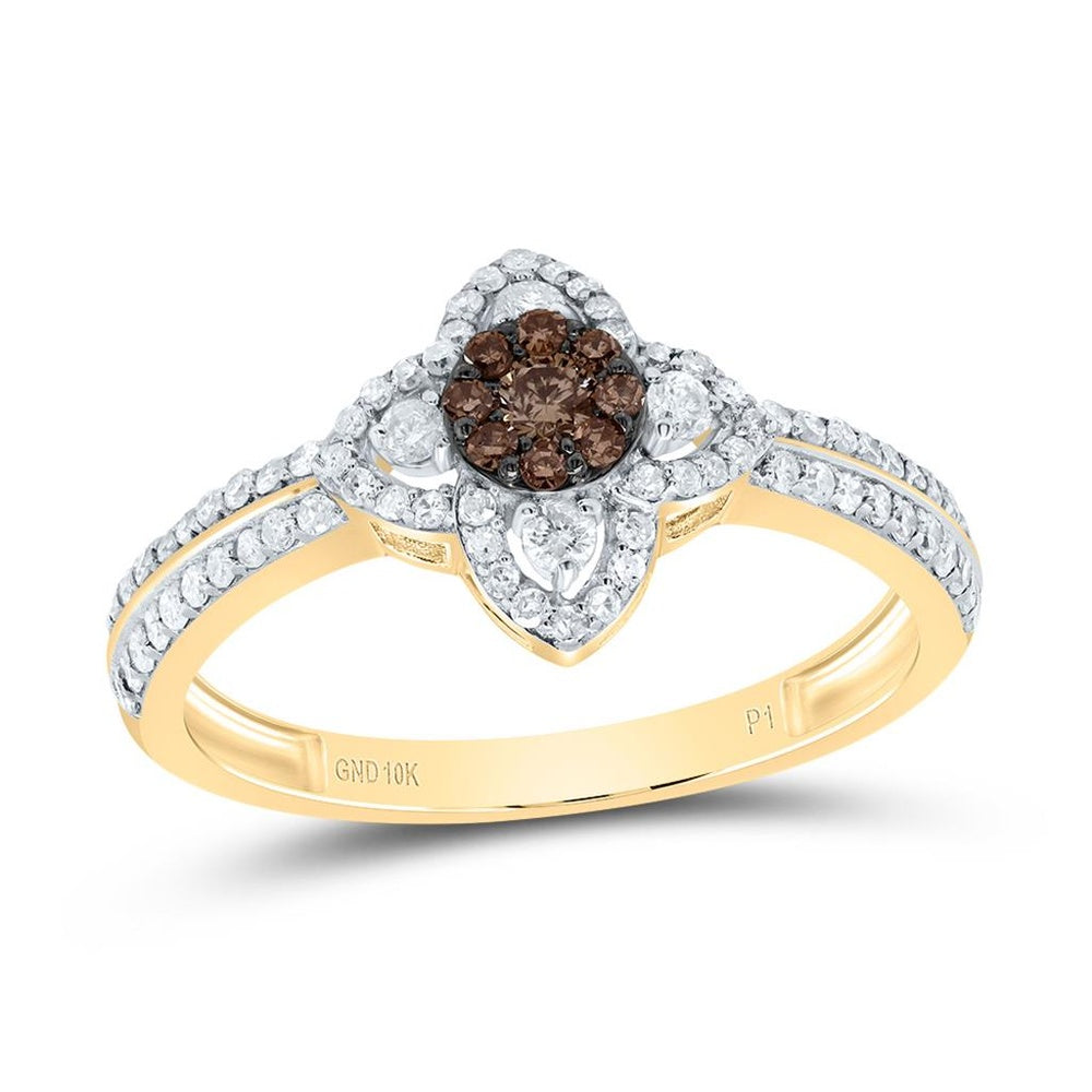 10K Yellow Gold Round Brown and White Diamond Ring - 1/2 Carat Total Diamond Weight